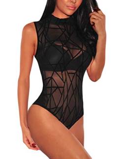 MAYFASEY Damen Sexy Sheer Mesh Body Ärmellos Durchsichtige Going Out Bodys, Schwarz, L von MAYFASEY