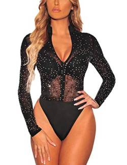 MAYFASEY Damen Sexy Strass Body V Ausschnitt Langarm Jumpsuit Trikot Top, Schwarz, XL von MAYFASEY