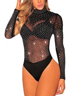 MAYFASEY Damen Sexy Strass Mesh Bodys Langarm Trikot Top Jumpsuits, Schwarz, XL von MAYFASEY