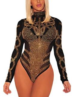 MAYFASEY Damen Sexy Strass Mesh Langarm Rollkragen Body Durchsichtige Trikotoberteile, Schwarz, M von MAYFASEY