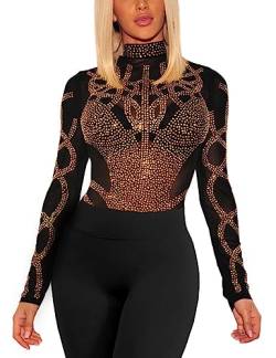 MAYFASEY Damen Sexy Strass Mesh Langarm Rollkragen Tops Slim Fit Bluse Shirt, Schwarz, L von MAYFASEY