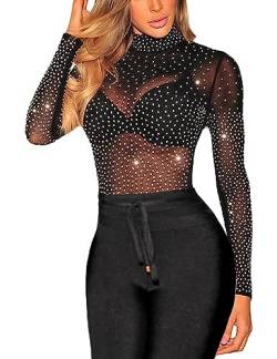 MAYFASEY Damen Sexy Strass Mesh Lange Ärmel Tunika Shirts Durchsichtige Tops Bluse, Schwarz, L von MAYFASEY