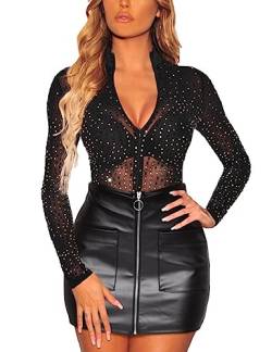 MAYFASEY Damen Sexy V-Ausschnitt Strass Mesh Langarm Tunika Shirts Transparente Tops Bluse, Schwarz, S von MAYFASEY