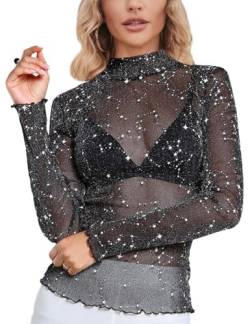 MAYFASEY Damen Silber Stern Bedruckt Lange Ärmel Stretch Mesh Transparente Oberteile Durchsichtige Blusen, Schwarz, S von MAYFASEY