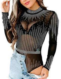 MAYFASEY Damen Sparkle Strass Sheer Mesh Body Langarm Rollkragen Body Oberteile, Schwarz, XXL von MAYFASEY