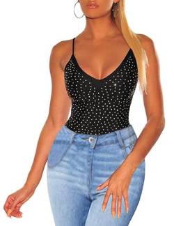 MAYFASEY Damen Strass Ärmellos Durchsichtige Tops Sexy V Hals Mesh Bluse T-Shirt, Schwarz, S von MAYFASEY