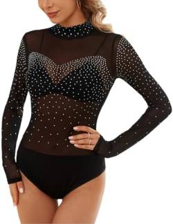 MAYFASEY Damen Strass Bodys Langärmelige Sheer Mesh Stretchy Bodys, Schwarz, L von MAYFASEY