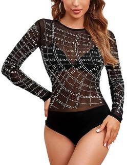 MAYFASEY Damen Strass Langarm Mesh Body Durchsichtig Schwarz Trikot Body Top, Schwarz, L von MAYFASEY