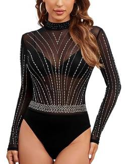 MAYFASEY Damen Strass Langarm Mesh Transparenter Body Mock Neck Bodys Rave Outfits, Schwarz, XL von MAYFASEY