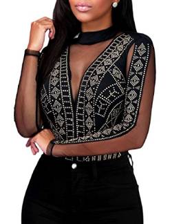 MAYFASEY Damen Strass Mesh Langarmshirts Glitzernde Tops Bluse Clubwear, Schwarz, L von MAYFASEY