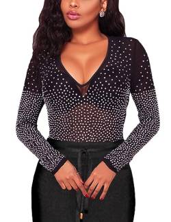 MAYFASEY Damen Strass V-Ausschnitt Mesh Lange Ärmel Tunika Shirts Sheer Tops Bluse, Schwarz, L von MAYFASEY