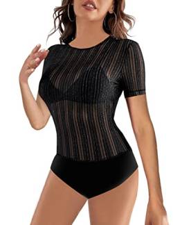 MAYFASEY Damen Transparente Mesh Langarm Bodys Durchsichtiger Body Clubwear, Schwarz, XXL von MAYFASEY