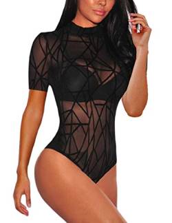 MAYFASEY Damen Transparenter Mesh Body Damen Kurzarm Stretch Trikotoberteil, Schwarz, S von MAYFASEY