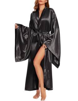 MAYILNSIN Damen Kimono Bademantel Lang Seide Bademantel Hochzeit Party Bademantel Satin Nachtwäsche Loungewear Plus Size, Schwarz , 38 von MAYILNSIN