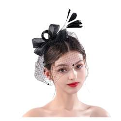 Damen-Fascinator-Stirnband mit Federn in geheimnisvoller Qualität in schwarzer Farbe, das bei der Hochzeit getragen wird von MAYNUO