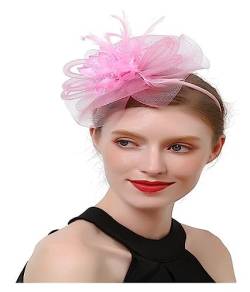 Fascinator-Hut, Damen-Blumen-Mesh-Bänder, Federn, Haar-Accessoires, Stirnband oder Clip-Cocktail-Teeparty-Kopf (Color : Pink, Size : 1) von MAYNUO