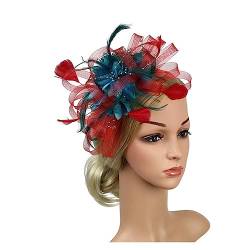 Fascinator-Hut, Feder-Blumen-Kopfschmuck, Braut-Kopfbedeckung, Netz-Zylinder, Jockey-Club-Haarschmuck, Stirnband und Haarnadel (Color : Blue and red, Size : 1) von MAYNUO