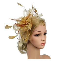 Fascinator-Hut, Feder-Blumen-Kopfschmuck, Braut-Kopfbedeckung, Netz-Zylinder, Jockey-Club-Haarschmuck, Stirnband und Haarnadel (Color : Gold, Size : 1) von MAYNUO