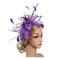 Fascinator-Hut, Feder-Blumen-Kopfschmuck, Braut-Kopfbedeckung, Netz-Zylinder, Jockey-Club-Haarschmuck, Stirnband und Haarnadel (Color : Purple, Size : 1) von MAYNUO