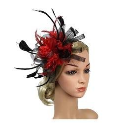Fascinator-Hut, Feder-Blumen-Kopfschmuck, Braut-Kopfbedeckung, Netz-Zylinder, Jockey-Club-Haarschmuck, Stirnband und Haarnadel (Color : Red and black, Size : 1) von MAYNUO