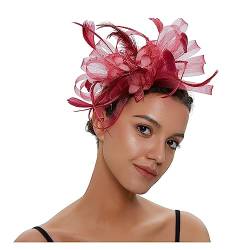 Fascinator-Hut, Feder-Blumen-Kopfschmuck, Braut-Kopfbedeckung, Netz-Zylinder, Jockey-Club-Haarschmuck, Stirnband und Haarnadel (Color : Wine red, Size : 1) von MAYNUO