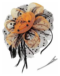 Fascinator-Stirnband, Tea-Party-Hüte, königlicher Hochzeitshut, Federnetz-Haarspange, Cocktail-Hochzeit, Party, Kirche, Kopfbedeckung (Color : Black orange, Size : 1) von MAYNUO