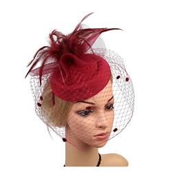 Fascinators Stirnband, Damen Tea Party Hut Kentucky Derby Hochzeit Federn Blume Mesh Haarspange Zubehör Hut Garn Dekor (Color : Burdundy, Size : 1) von MAYNUO