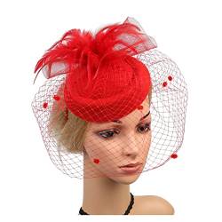 Fascinators Stirnband, Damen Tea Party Hut Kentucky Derby Hochzeit Federn Blume Mesh Haarspange Zubehör Hut Garn Dekor (Color : Red, Size : 1) von MAYNUO