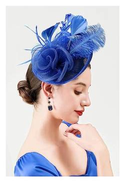 Fascinators Stirnband Cocktail Tea Party Hüte, königliche Hochzeit Hut Feder Mesh Haarspange Haarschmuck (Color : Royal blue, Size : 1) von MAYNUO