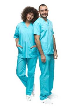 Mazalat, Unisex medizinische uniform Set mit Kasack und Hose, Medical Schrubb-Set, Pflege Berufsbekleidung, Hellblau, XS von MAZALAT work wear