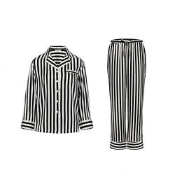 MCCAMEY Damen Pyjama-Set 100% Seide, Schlafanzüge, Nachtwäsche und Loungewear, Schwarz-weiß gestreifter,S von MCCAMEY