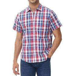 MCEDAR Slim Fit Plaid Button Down Shirts für Herren Casual Kurzarm Kariertes Hemd mit Tasche, rot / blau, XX-Large von MCEDAR