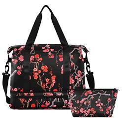 Blossom Cherry Flowers Black Travel Duffel Bag for Women Herren Gym Bag with Shoe Compartment Wet Pocket Carry On Weekender Overnight Bags for Airline Travel Gym, Mehrfarbig, Large von MCHIVER