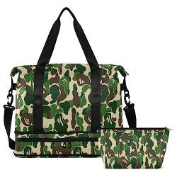 Camouflage Green Travel Duffel Bag for Women Men Gym Bag with Shoe Compartment Wet Pocket Carry On Weekender Overnight Bags for Travel Gym Yoga School, Mehrfarbig, Large von MCHIVER