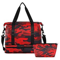Camouflage Red Travel Duffel Bag for Women Men Gym Bag with Shoe Compartment Wet Pocket Carry On Weekender Overnight Bags for Traveling Gym Workout, Mehrfarbig, Large von MCHIVER