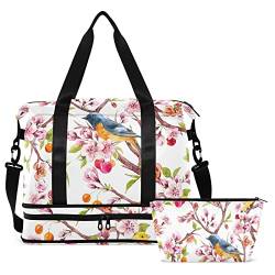 Cherry Blossoms Leaves Bird Travel Duffel Bag for Women Men Gym Bag with Shoe Compartment Wet Pocket Carry On Weekender Overnight Bags for Travel Gym Yoga School, Mehrfarbig, Large von MCHIVER