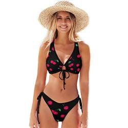 Chic Buffalo Plaid Damen-Badeanzug, mit Schnürung, V-Ausschnitt, Bikini-Set, 06#Kirsche, Large von MCHIVER