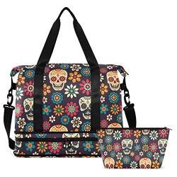 Death Day Sugar Skulls Flowers Travel Duffel Bag for Women Men Gym Bag with Shoe Compartment Wet Pocket Carry On Weekender Overnight Bags for Yoga School Travel Gym, Mehrfarbig, Large von MCHIVER
