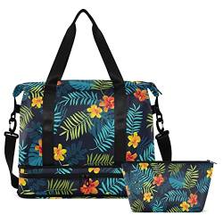 Leaves Hibiscus Flowers Travel Duffel Bag for Women Men Gym Bag with Shoe Compartment Wet Pocket Carry On Weekender Overnight Bags for Travel Gym Yoga School, Mehrfarbig, Large von MCHIVER