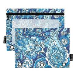 MCHIVER Paisley Blue Boho Pencil Pouch for 3 Ring Binder Pencil Pouches with Zippers Clear Window Binder Pockets Pencil Bags for Work Daily Office 2 Packs von MCHIVER
