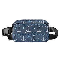 Nautical Anchors Wavy Fanny Pack for Women Men Crossbody Belt Bag Fashion Waist Packs Purse with Adjustable Strap Hip Bag for Workout Travel Outdoors, Ocean White Anchor, Large von MCHIVER