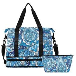 Paisley Blue Boho Travel Duffel Bag for Women Herren Gym Bag with Shoe Compartment Wet Pocket Carry On Weekender Overnight Bags for Airline Travel Gym, Mehrfarbig, Large von MCHIVER