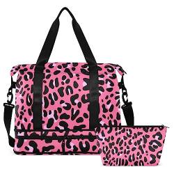 Pink Leopard Travel Duffel Bag for Women Men Gym Bag with Shoe Compartment Wet Pocket Carry On Weekender Overnight Bags for Yoga School Travel Gym, Mehrfarbig, Large von MCHIVER