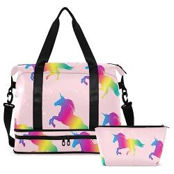 Pink Rainbow Unicorns Travel Duffel Bag for Women Men Gym Bag with Shoe Compartment Wet Pocket Carry On Weekender Overnight Bags for Airline Travel Under Seat, Mehrfarbig, Large von MCHIVER