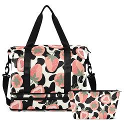 Pink Strawberries Black Spots Travel Duffel Bag for Women Men Gym Bag with Shoe Compartment Wet Pocket Carry On Weekender Overnight Bags for Airline Travel Under Seat, Mehrfarbig, Large von MCHIVER