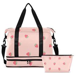 Pink Strawberry Travel Duffel Bag for Women Men Gym Bag with Shoe Compartment Wet Pocket Carry On Weekender Overnight Bags for Traveling Gym Workout, Mehrfarbig, Large von MCHIVER