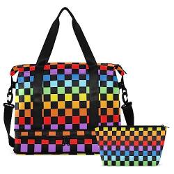 Rainbow Chequerboard Reisetasche für Damen und Herren, Sporttasche mit Schuhfach, Nassfach, Handgepäck, Wochenend-Übernachtungstaschen für Flugreisen, Fitnessstudio, Mehrfarbig, Large von MCHIVER
