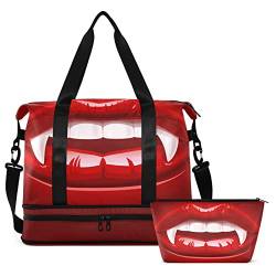 Red Lips Teeth Reisetasche für Damen und Herren, Turnbeutel mit Schuhfach, Nasstasche, Handgepäckbeutel für Wochenend, Übernachtung, für Reisen, Fitnessstudio, Workout, Mehrfarbig, Large von MCHIVER