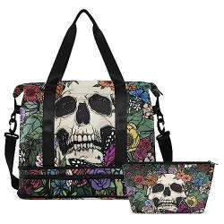 Skull Flowers Butterfly Travel Duffel Bag for Women Men Gym Bag with Shoe Compartment Wet Pocket Carry On Weekender Overnight Bags for Airline Travel Under Seat, Mehrfarbig, Large von MCHIVER
