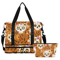 Sugar Skulls Flowers Travel Duffel Bag for Women Men Gym Bag with Shoe Compartment Wet Pocket Carry On Weekender Overnight Bags for Travel Gym Yoga School, Mehrfarbig, Large von MCHIVER